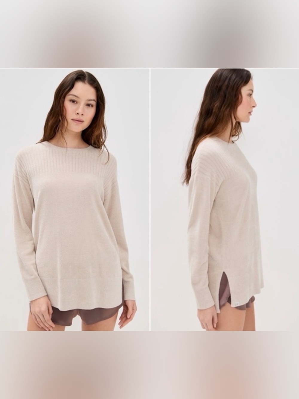 Barefoot Dreams Cream Ribbed-Shoulder Crewneck Sweater